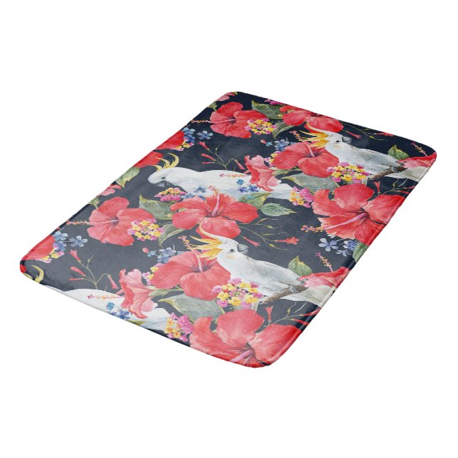 Floral Tropical Pattern Red Hibiscus Cockatoo   Bath Mat (Angled)