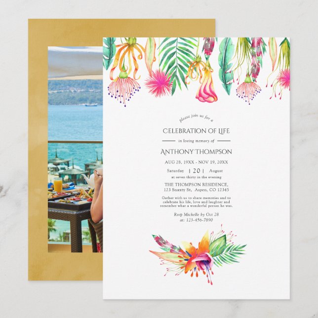 Floral Tropical Summer Celebration of Life Photo Invitation (Front/Back)