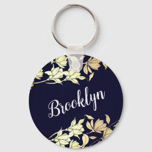 Floral Tulip Flowers Elegant Gold Navy Blue Name Keychain