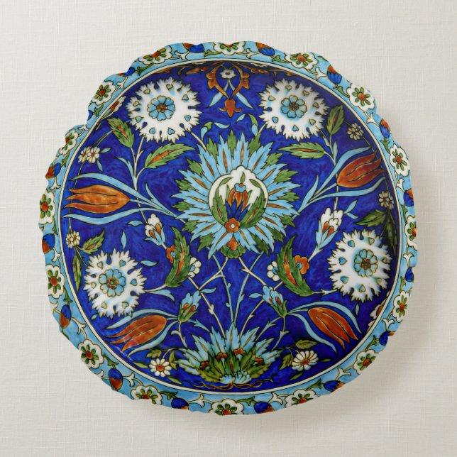 Floral Tulip Motif Iznik Turkish Pattern Round Pillow (Front)