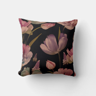Floral tulips, muscari: vintage seamless throw pillow