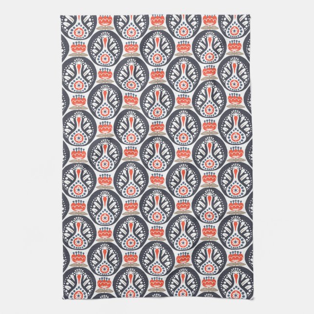 Floral Turkey Folk Art Pattern Kitchen Towel (Vertical)