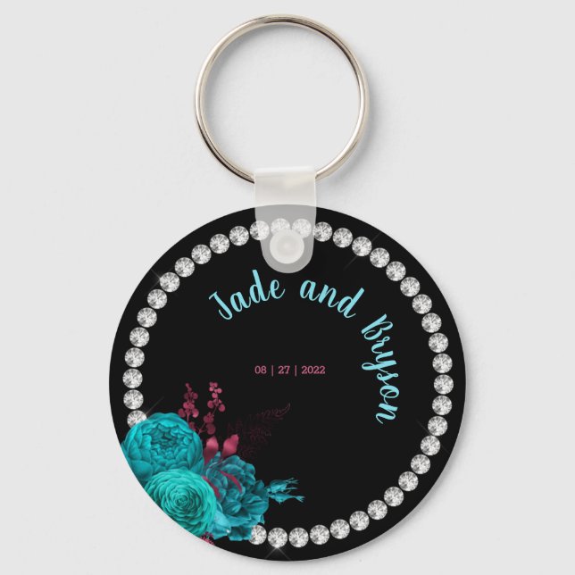Floral Turquoise and Mauve Elegant Rhinestone  Keychain (Front)