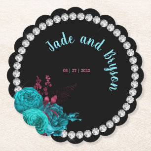 Floral Turquoise and Mauve Elegant Rhinestone Paper Coaster
