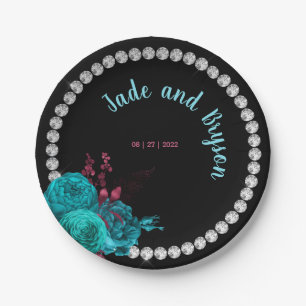 Floral Turquoise and Mauve Elegant Rhinestone Paper Plate