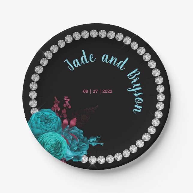 Floral Turquoise and Mauve Elegant Rhinestone  Paper Plate (Front)