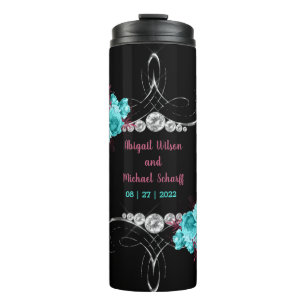 Floral Turquoise and Mauve Elegant Rhinestone Thermal Tumbler