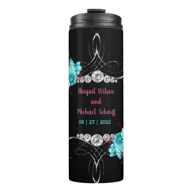 Floral Turquoise and Mauve Elegant Rhinestone   Thermal Tumbler (Front)