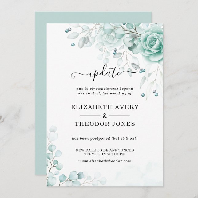 Floral Turquoise and sage greens Wedding Update Invitation (Front/Back)