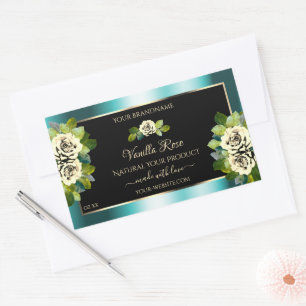 Floral Turquoise Black Gold Étiquettes Roses feuil