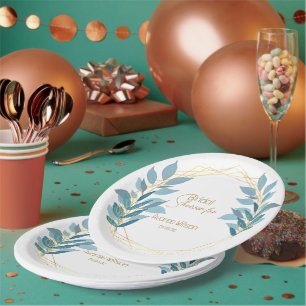 Floral Turquoise Blue and Gold Paper Plate