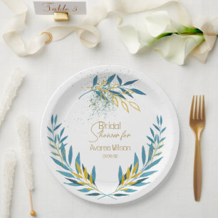 Floral Turquoise Blue and Gold  Paper Plate