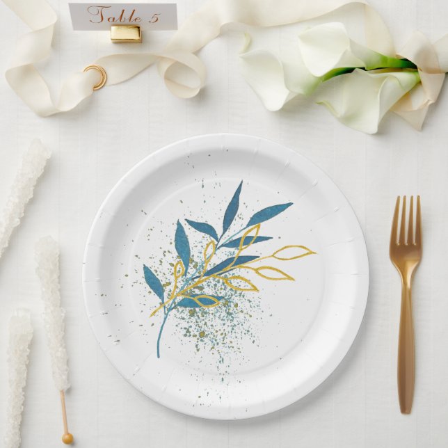 Floral Turquoise Blue and Gold  Paper Plate (Wedding)