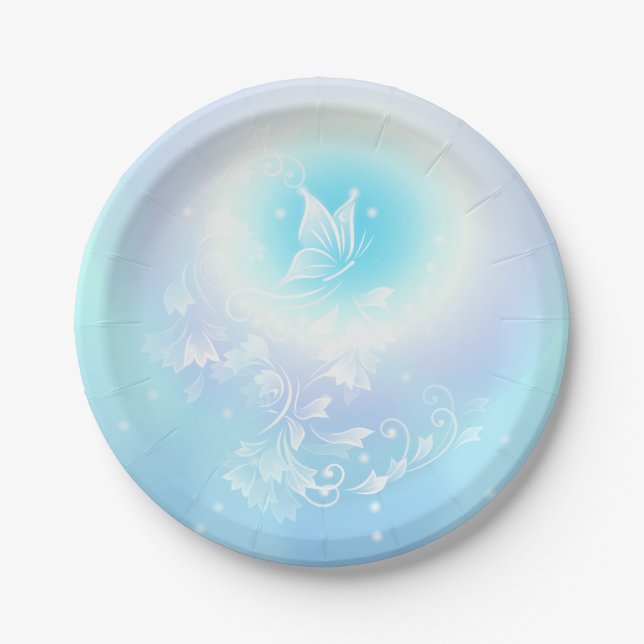Floral Turquoise Pretty Butterfly Paper Plate (Front)