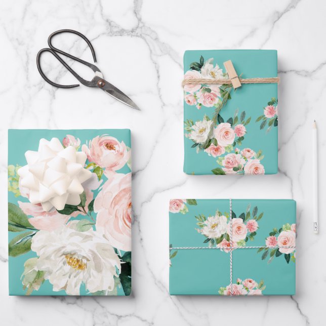 Floral Turquoise Shabby Chic Wrapping Paper Sheets (Front)