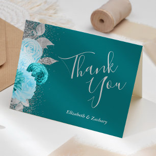 Floral Turquoise Silver Wedding Thank You Card