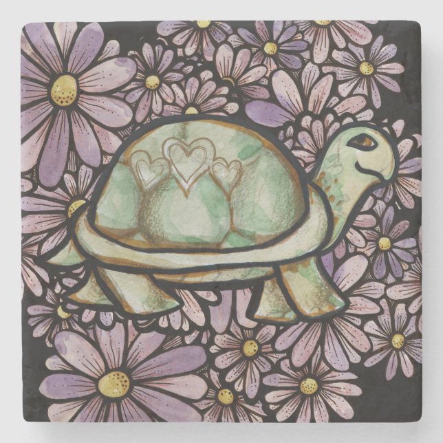 Floral Turtle Love cute Turtles Heart shell        Stone Coaster (Front)