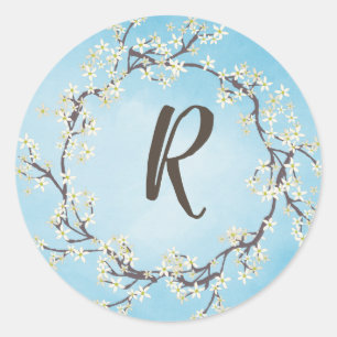 floral twig wreath with monogram classic round sticker