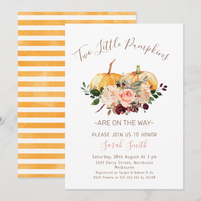 Floral Twins Two Little Pumpkins Baby Shower Invitation (Front/Back)