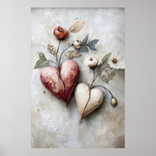 Floral Two Hearts Print, Valentine Romantic Heart Poster