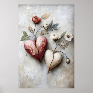 Floral Two Hearts Print, Valentine Romantic Heart Poster
