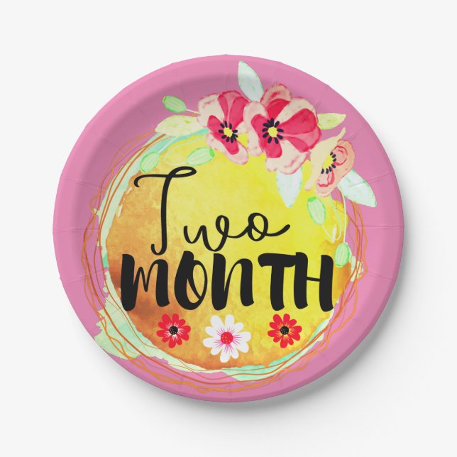 Floral Two Month Old Baby Milestone Label Paper Plate (Front)