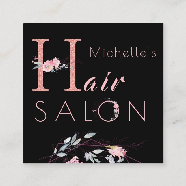 Floral typography glitter pink black hair salon square business card (Front)