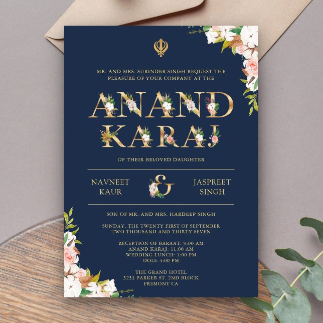 Floral Typography Navy Anand Karaj Sikh Wedding Invitation (Creator Uploaded)