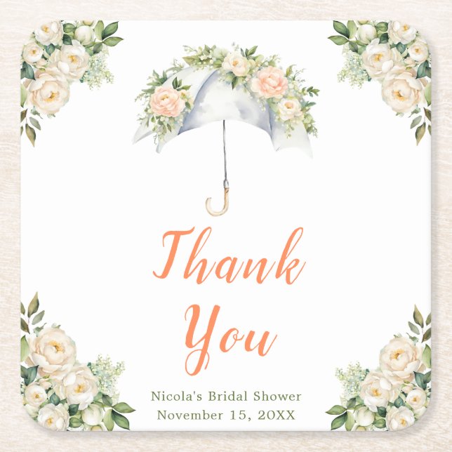 Floral Umbrella Bridal Shower Square Paper Coaster (Front)