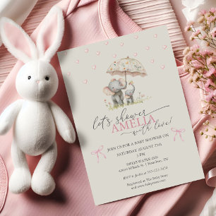 Floral Umbrella Elephant Baby Girl Shower Invitation