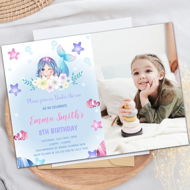 Floral Under the sea Sirène Invitations avec photo (Floral Under the sea Mermaid Invitations w Photo)