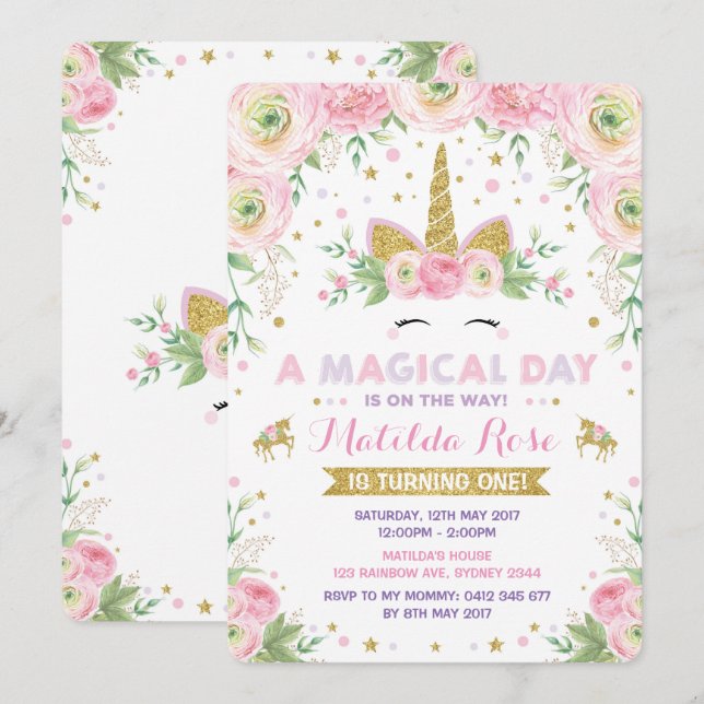 Floral Unicorn Anniversaire Invitation Pink Gold P (Devant / Derrière)