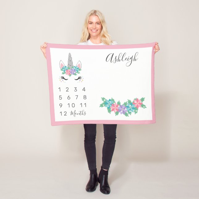 Floral Unicorn Baby Monthly Milestone Fleece Blanket (In Situ)