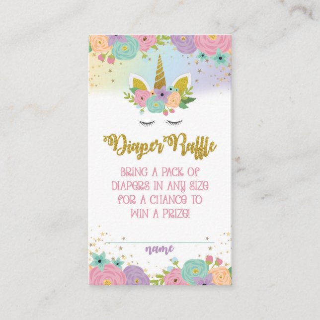 Floral Unicorn Baby Shower Diaper Raffle Card (Front)