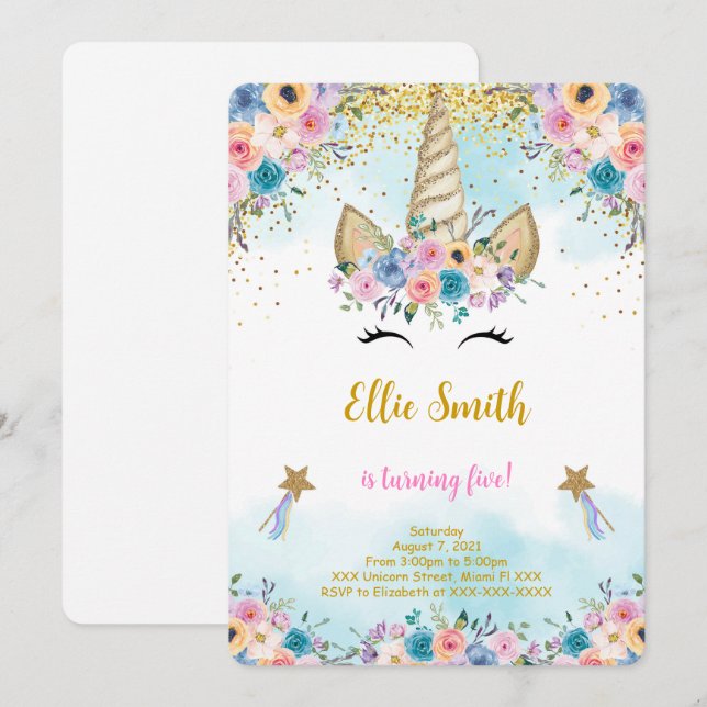 Floral Unicorn Birthday Invitation (Front/Back)