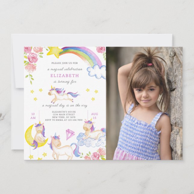 Floral Unicorn Birthday Invitation with Photo (Front)