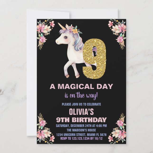 Floral Unicorn Birthday Invitations (Front)