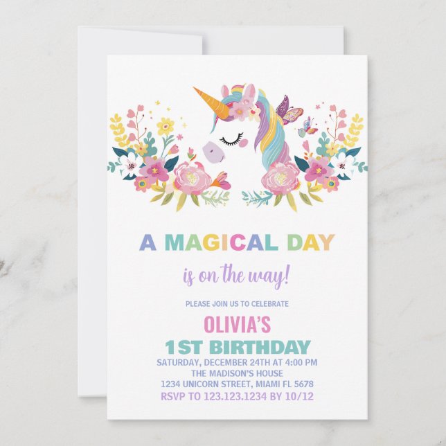Floral Unicorn Birthday Invitations (Front)
