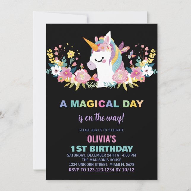 Floral Unicorn Birthday Invitations (Front)
