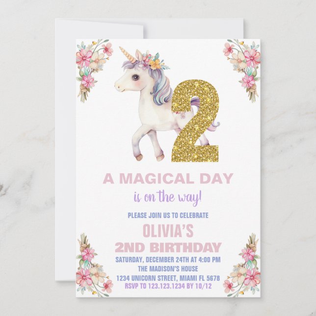 Floral Unicorn Birthday Invitations (Front)