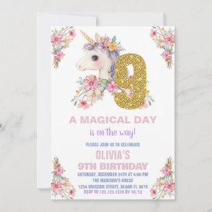Floral Unicorn Birthday Invitations Glitter