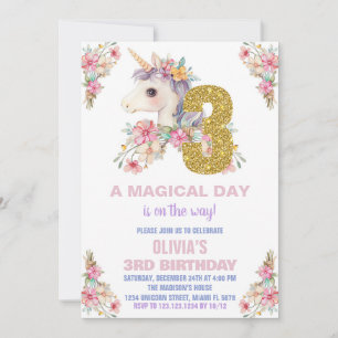Floral Unicorn Birthday Invitations Glitter