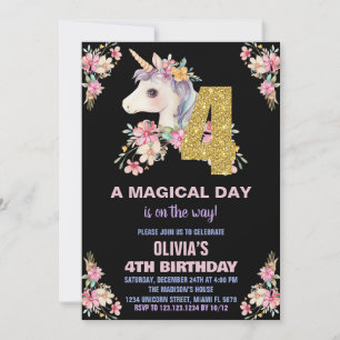 Floral Unicorn Birthday Invitations Glitter