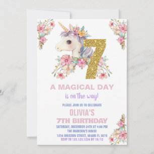 Floral Unicorn Birthday Invitations Glitter