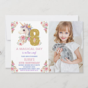 Floral Unicorn Birthday Invitations Glitter photo