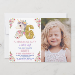Floral Unicorn Birthday Invitations Glitter photo