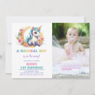 Floral Unicorn Birthday Invitations with photo