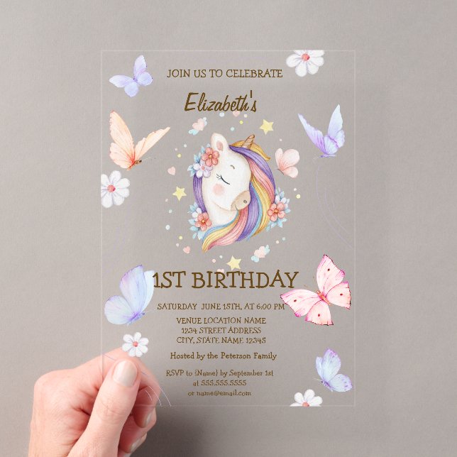  Floral Unicorn Butterflies Striped Birthday   Acrylic Invitations (Insitu (Handheld))