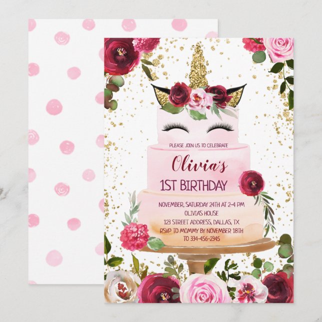 Floral Unicorn Cake Birthday Invitation (Front/Back)