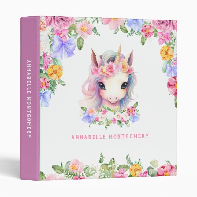Floral Unicorn Cute Custom Name Purple Kids School Binder (Front/Spine)